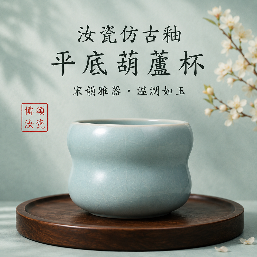 平底葫蘆杯|仿古釉・瑪瑙入釉・自然開片・茶杯・手工主人杯・汝窯