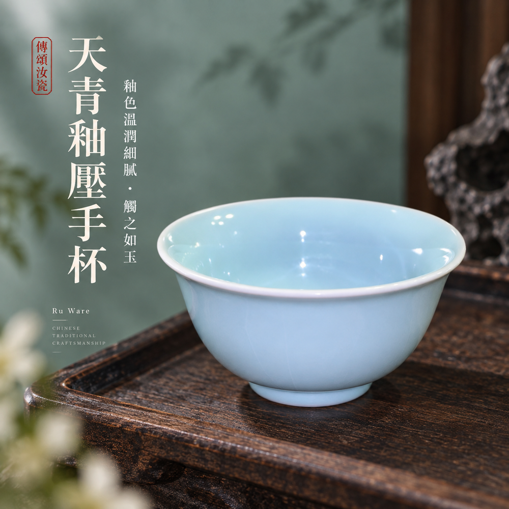 壓手杯|天青釉・自然開片・支釘燒・手工主人杯・茶杯・汝窯