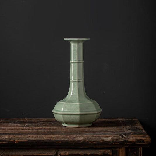 まめあお釉(まめあおゆう)八方弦紋口瓶 名匠による古代風手作り置物