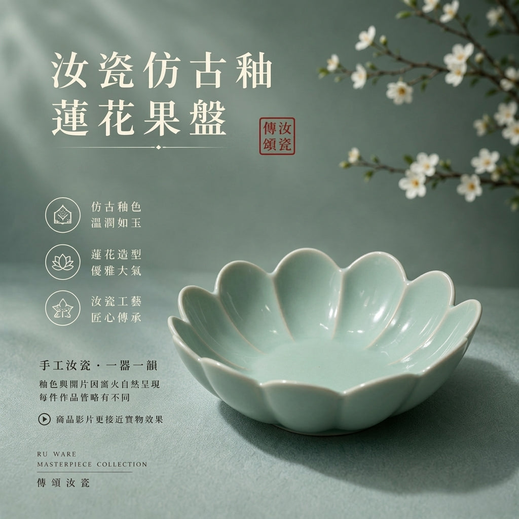 蓮花果盤｜仿古釉・自然開片・瑪瑙入釉・滿釉支釘燒・宋式茶席雅器