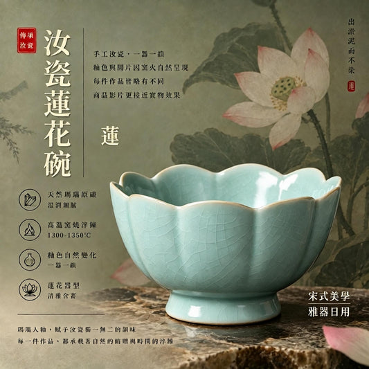 Lotus Bowl | Masterpiece · Antique-Style Glaze · Natural Crackle · Prong-Set Firing · Agate-Infused Glaze · Handcrafted Ru-Ware Vessel · Ru Kiln