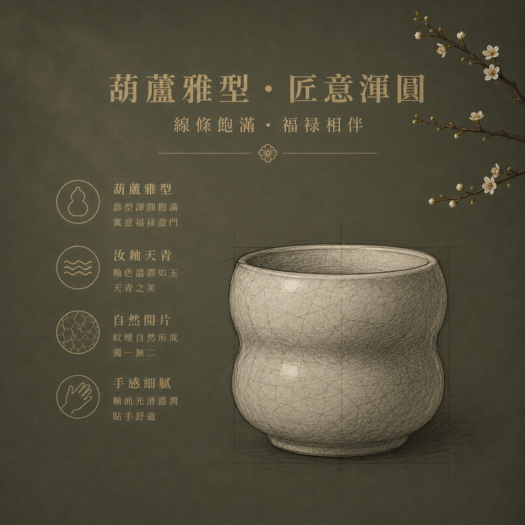 帶足葫蘆杯｜仿古釉・瑪瑙入釉・自然開片・手工主人杯・汝窯