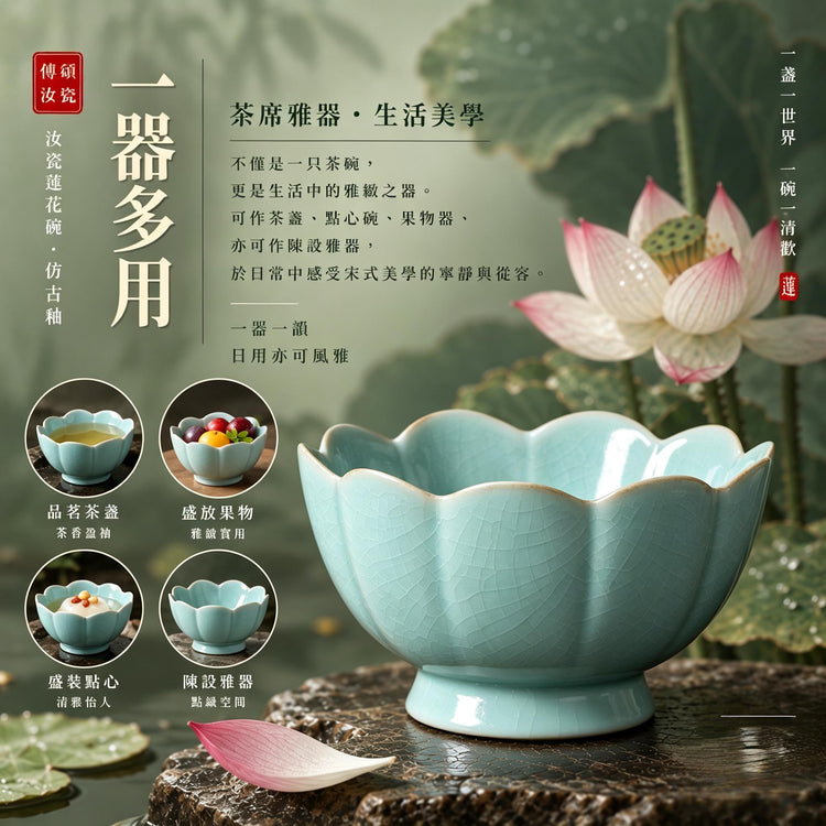 Lotus Bowl | Masterpiece · Antique-Style Glaze · Natural Crackle · Prong-Set Firing · Agate-Infused Glaze · Handcrafted Ru-Ware Vessel · Ru Kiln