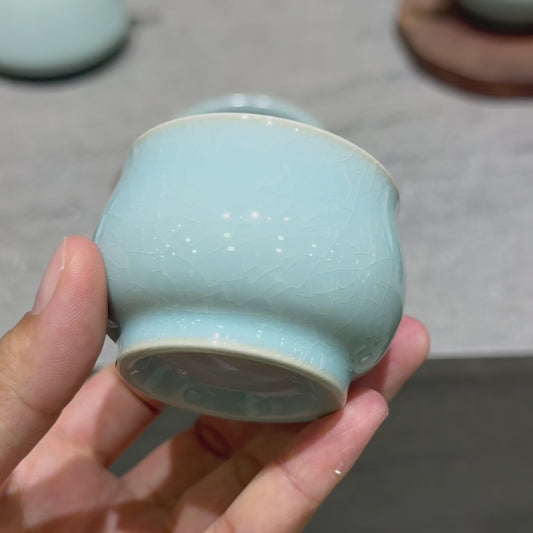 Small Round Ru Kiln Cup | Celadon Glaze · Natural Crackle with Cicada-Wing Pattern · Agate-Infused Glaze · Spur-Fired · Tea Cup · Personal Tea Cup · Ru Kiln