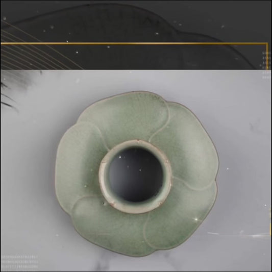 Song-Style Lotus-Petal Teacup and Saucer | Celadon Blue · Spur-Fired · Natural Crackle Glaze · Agate-Infused Glaze · Teacup · Tasting Cup · Ru Ware