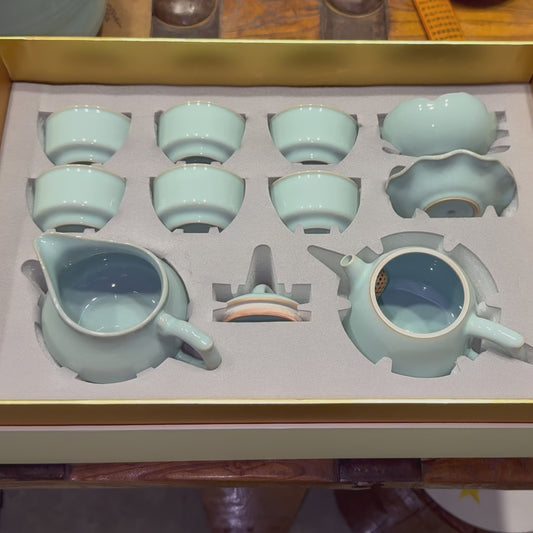 Qin Quan Teapot and Cup Set, One Teapot and Six Cups | Natural Crackle Glaze, Celadon Color, Agate-in-Glaze, Stilt-Firing, Handcrafted Teaware, Ru Ware